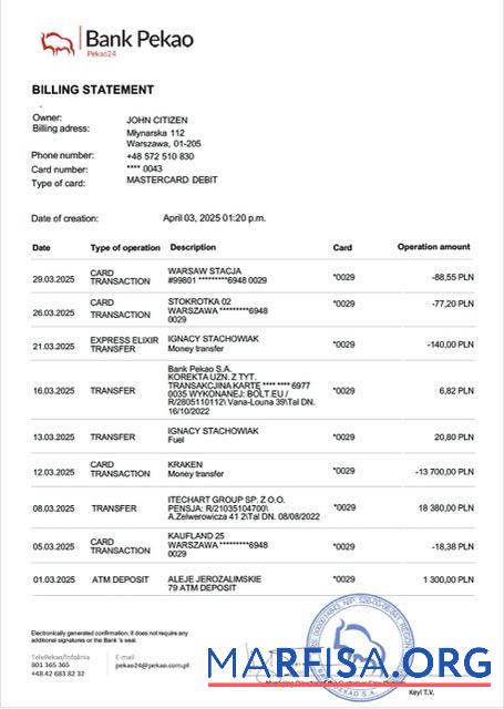Printable Poland Bank Pekao account statement word example